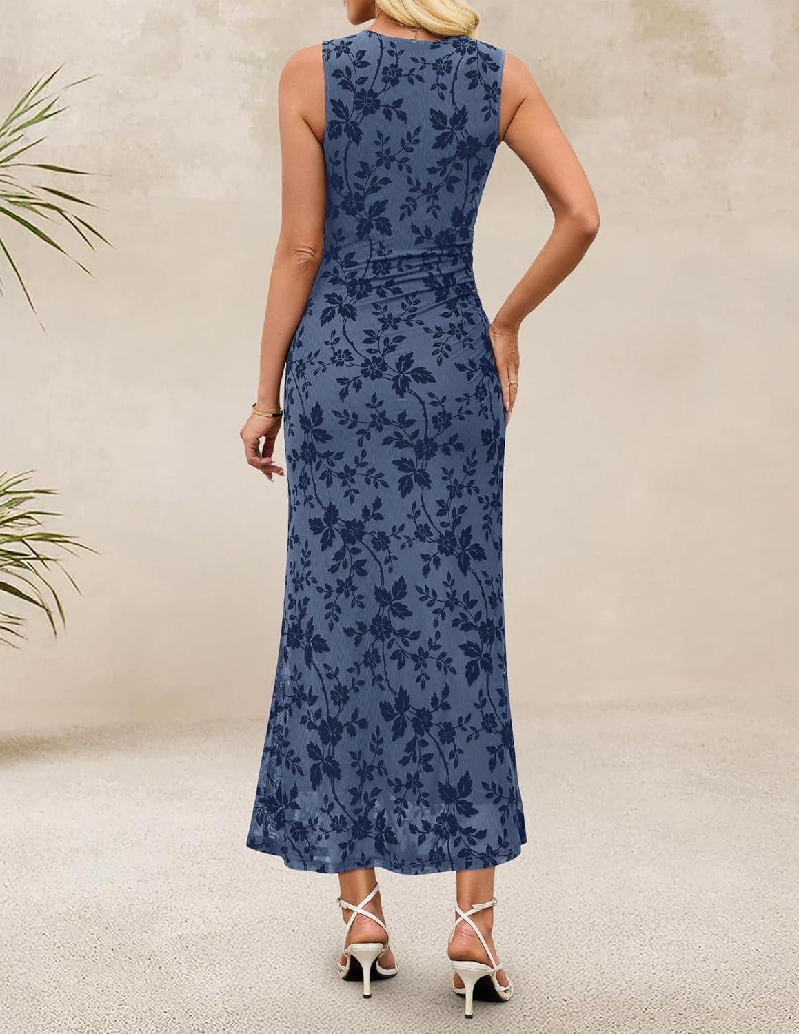 imageZESICA Womens Sleeveless Floral Bodycon Maxi Dress 2026 Summer Ruched Mesh Wedding Guest Cocktail Party DressesDustyblue