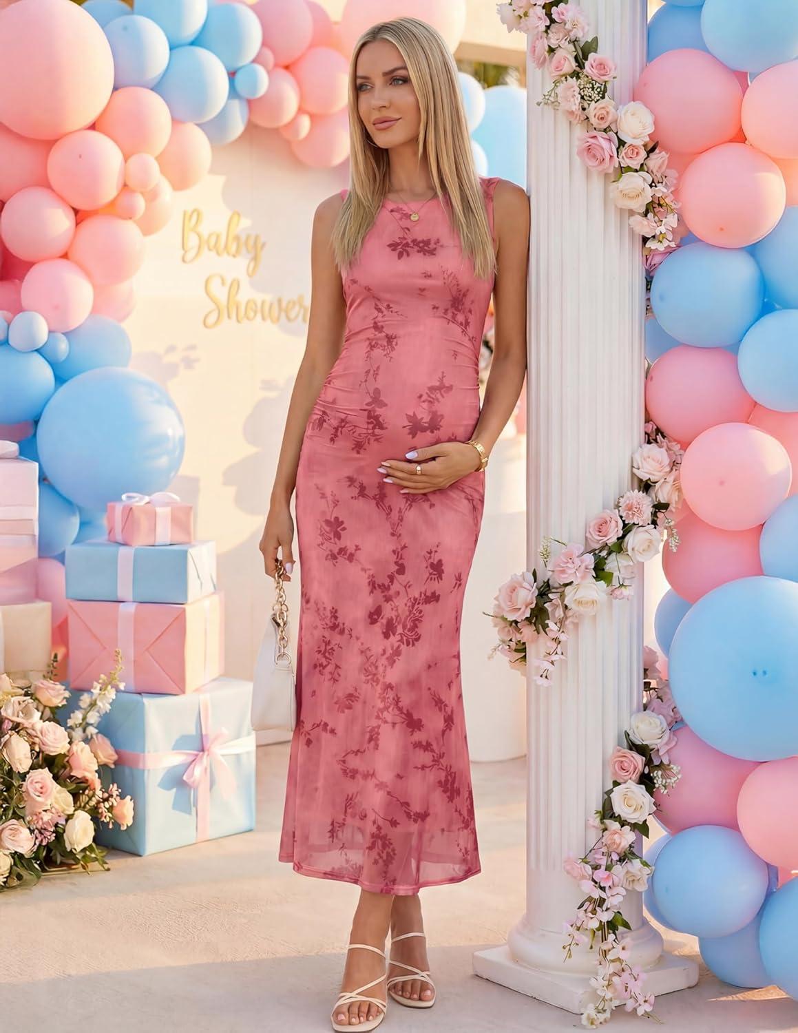 imageZESICA Womens Sleeveless Floral Bodycon Maxi Dress 2026 Summer Ruched Mesh Wedding Guest Cocktail Party DressesPink