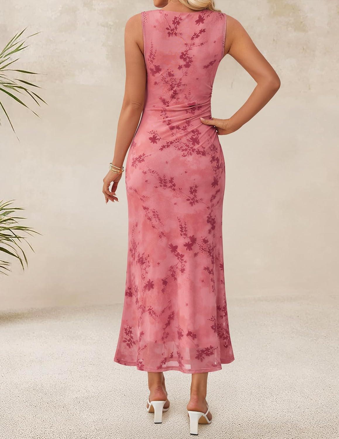 imageZESICA Womens Sleeveless Floral Bodycon Maxi Dress 2026 Summer Ruched Mesh Wedding Guest Cocktail Party DressesPink