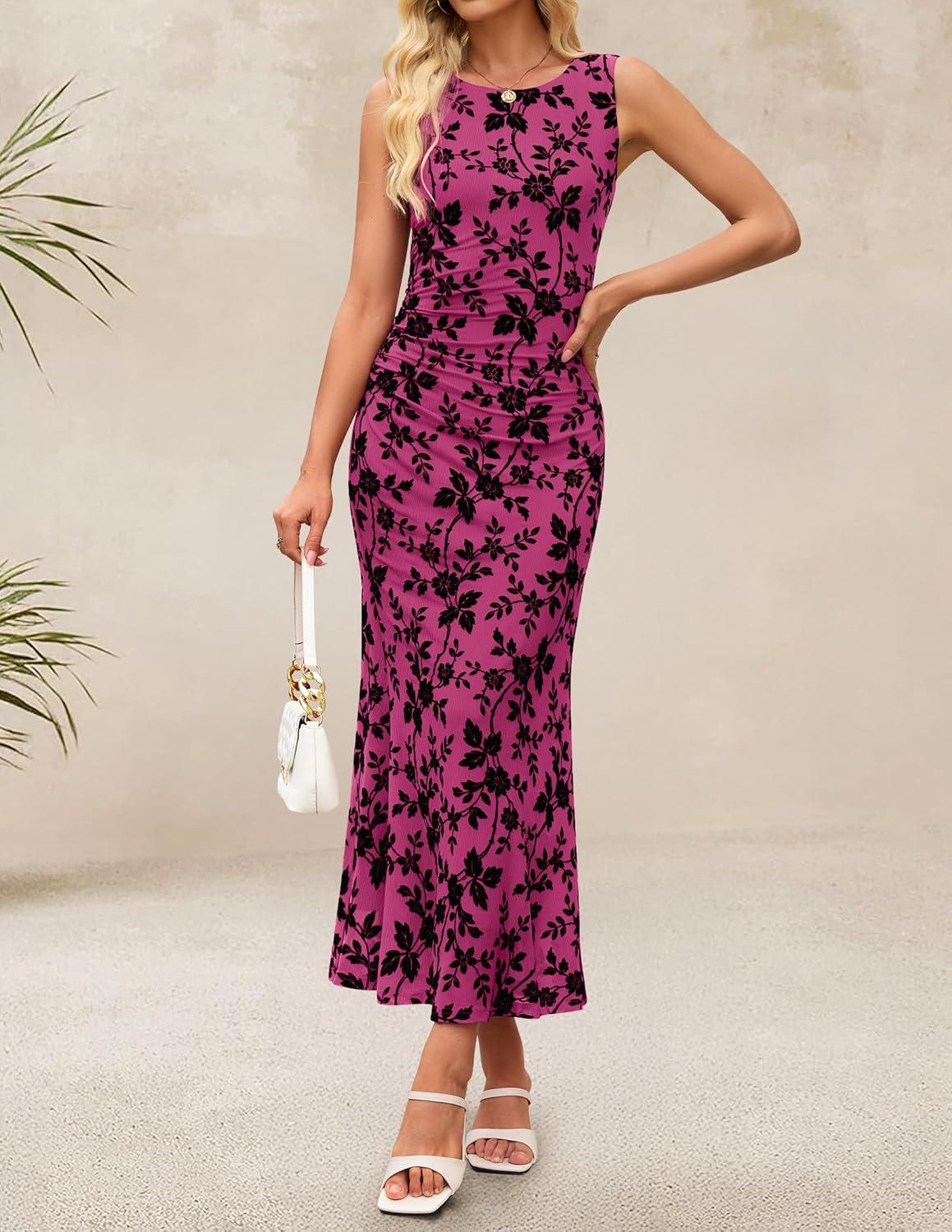 imageZESICA Womens Sleeveless Floral Bodycon Maxi Dress 2026 Summer Ruched Mesh Wedding Guest Cocktail Party DressesRose