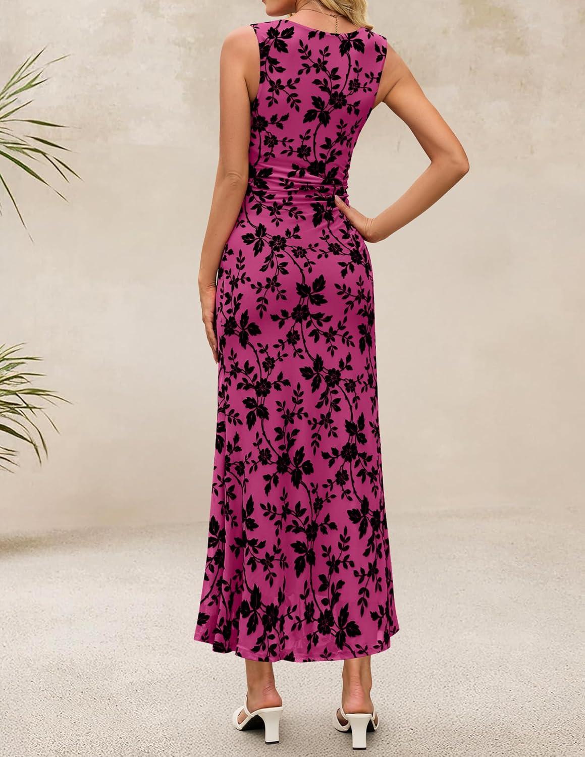 imageZESICA Womens Sleeveless Floral Bodycon Maxi Dress 2026 Summer Ruched Mesh Wedding Guest Cocktail Party DressesRose