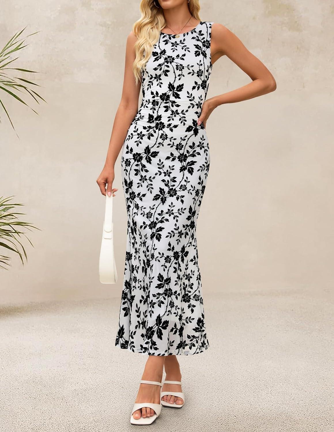 imageZESICA Womens Sleeveless Floral Bodycon Maxi Dress 2026 Summer Ruched Mesh Wedding Guest Cocktail Party DressesWhite