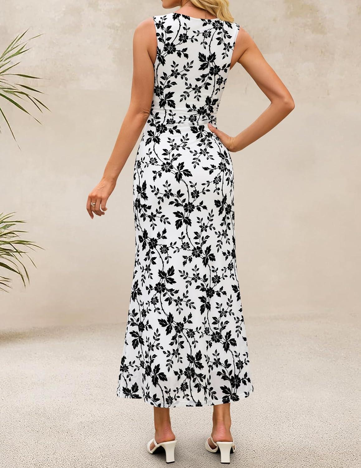 imageZESICA Womens Sleeveless Floral Bodycon Maxi Dress 2026 Summer Ruched Mesh Wedding Guest Cocktail Party DressesWhite