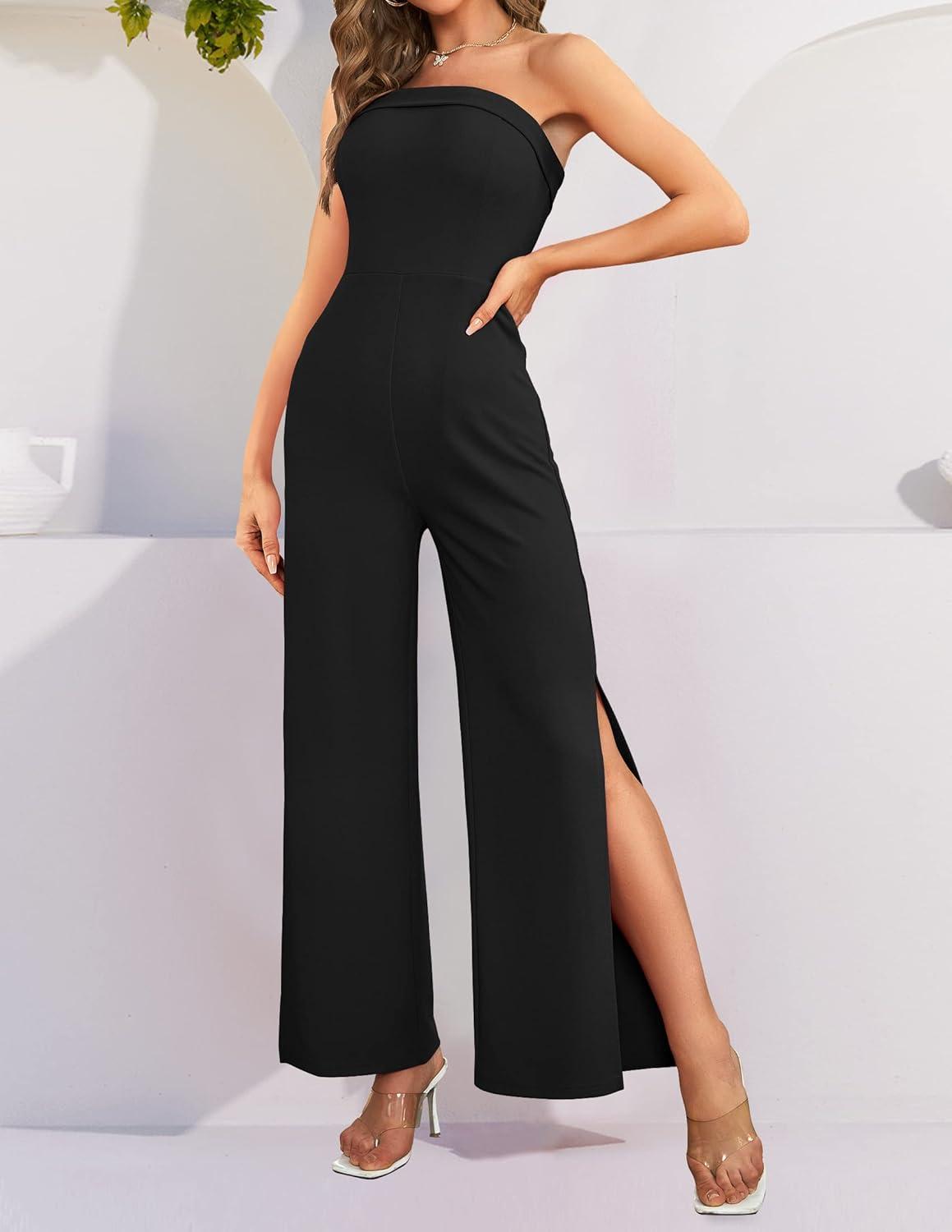 imageZESICA Womens Strapless Jumpsuit Casual Off Shoulder High Waist Wide Leg Side Slit Long Romper Playsuits with PocketsBlack