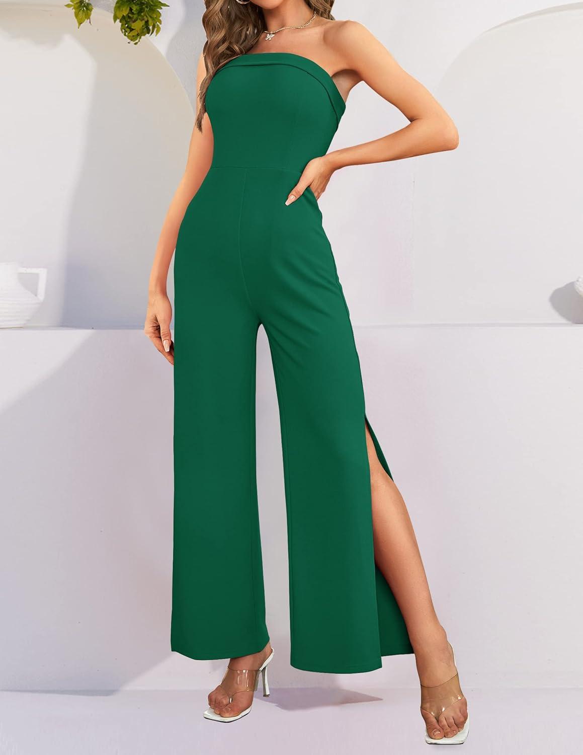 imageZESICA Womens Strapless Jumpsuit Casual Off Shoulder High Waist Wide Leg Side Slit Long Romper Playsuits with PocketsDarkgreen