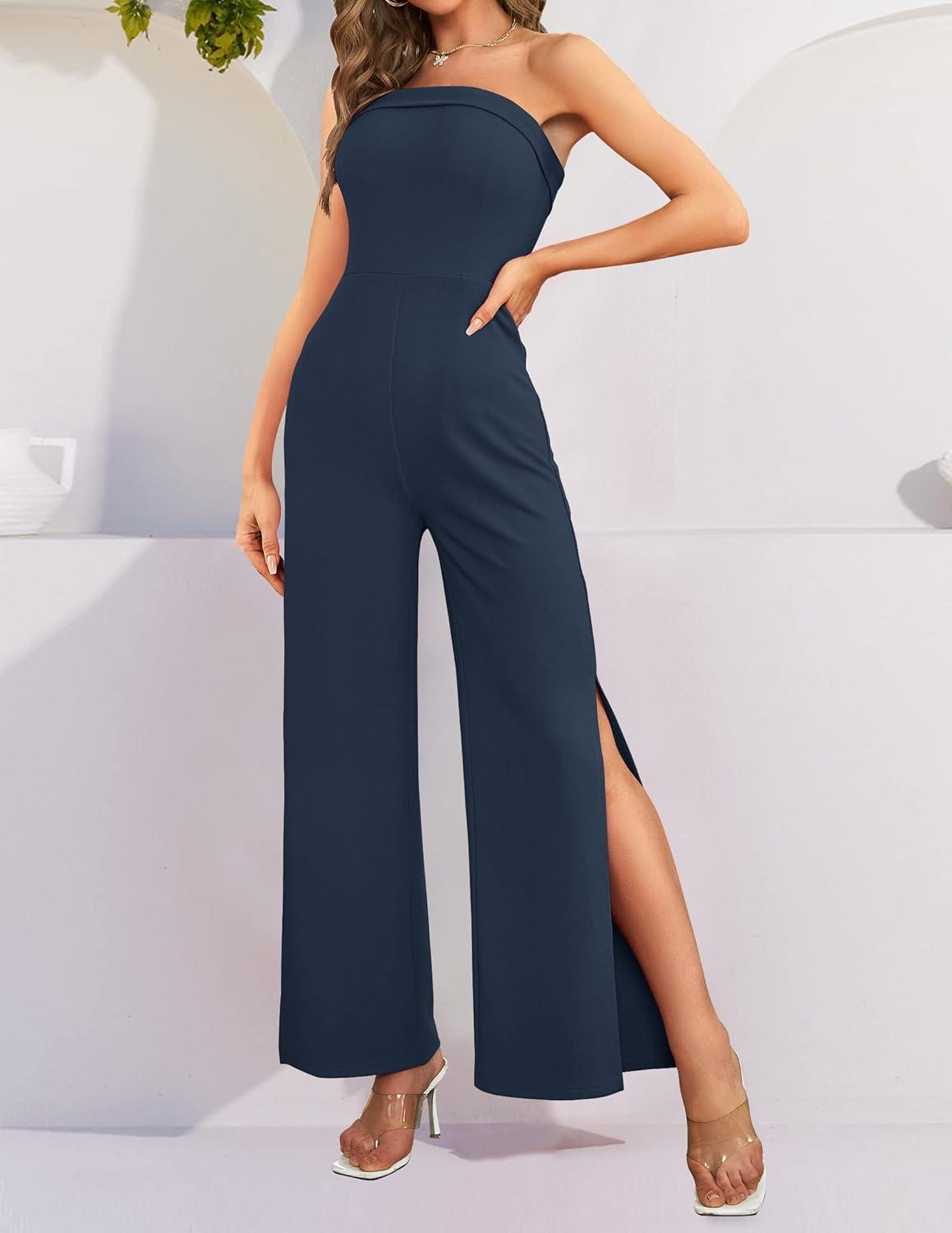 imageZESICA Womens Strapless Jumpsuit Casual Off Shoulder High Waist Wide Leg Side Slit Long Romper Playsuits with PocketsNavy