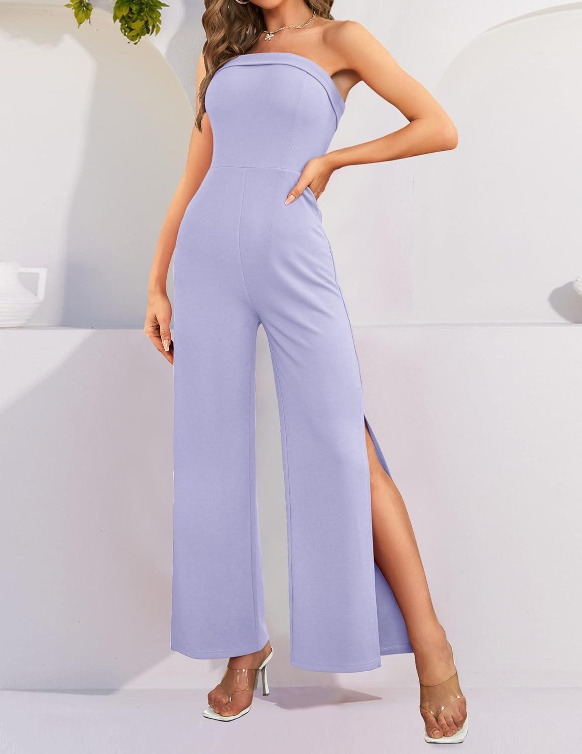 imageZESICA Womens Strapless Jumpsuit Casual Off Shoulder High Waist Wide Leg Side Slit Long Romper Playsuits with PocketsPurple