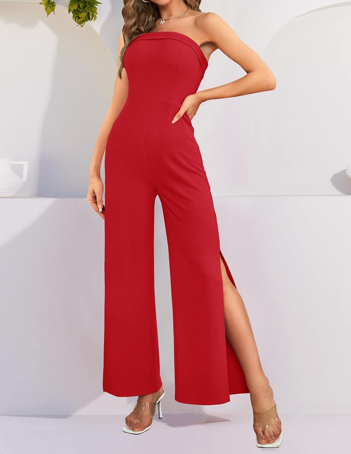 imageZESICA Womens Strapless Jumpsuit Casual Off Shoulder High Waist Wide Leg Side Slit Long Romper Playsuits with PocketsRed