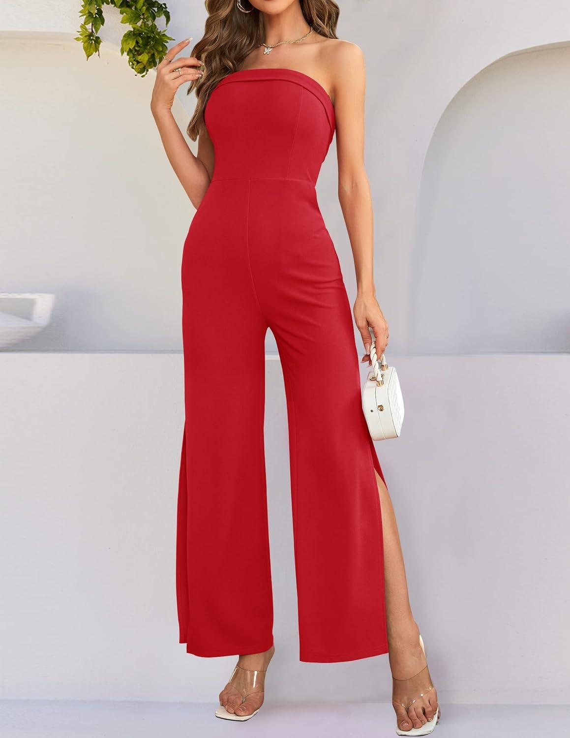imageZESICA Womens Strapless Jumpsuit Casual Off Shoulder High Waist Wide Leg Side Slit Long Romper Playsuits with PocketsRed