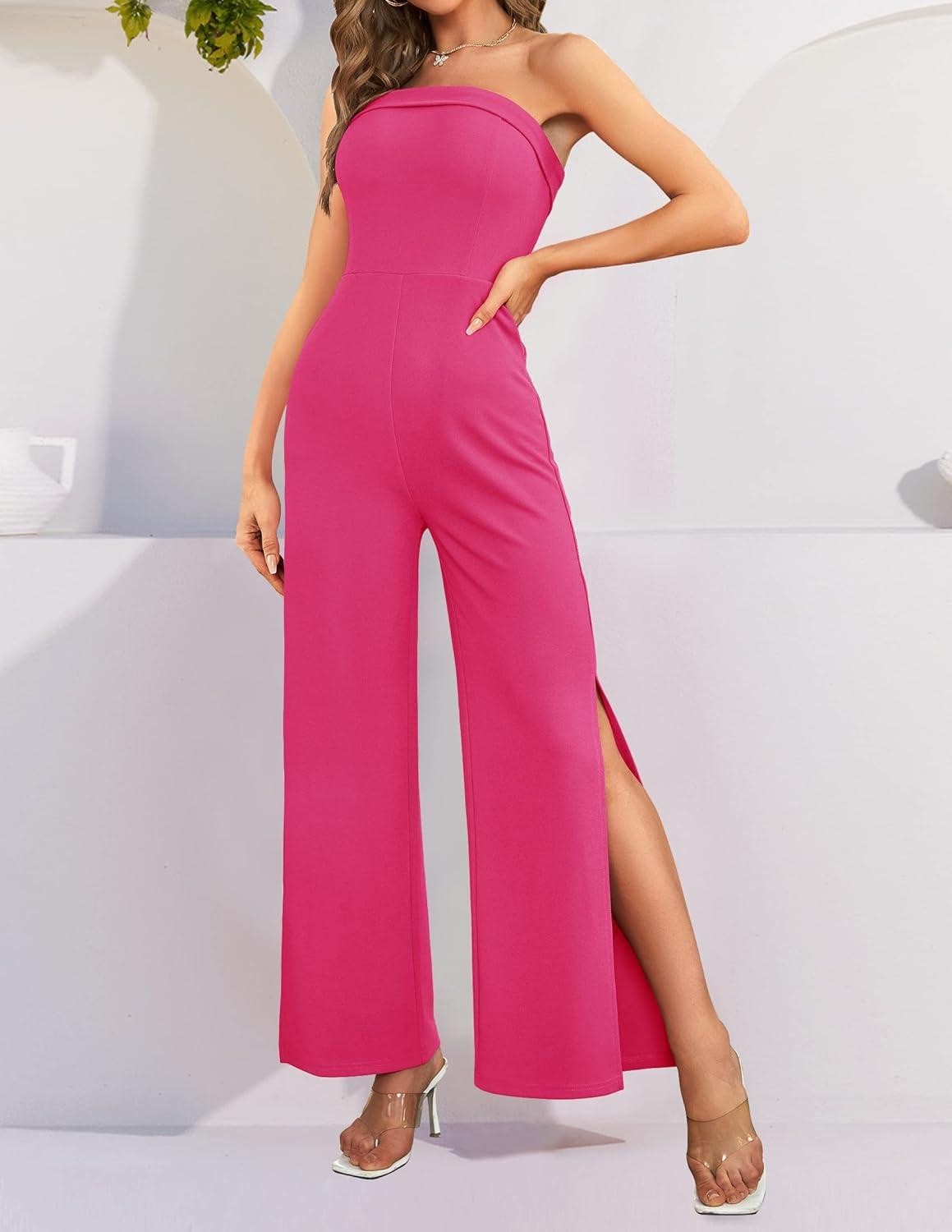 imageZESICA Womens Strapless Jumpsuit Casual Off Shoulder High Waist Wide Leg Side Slit Long Romper Playsuits with PocketsRose