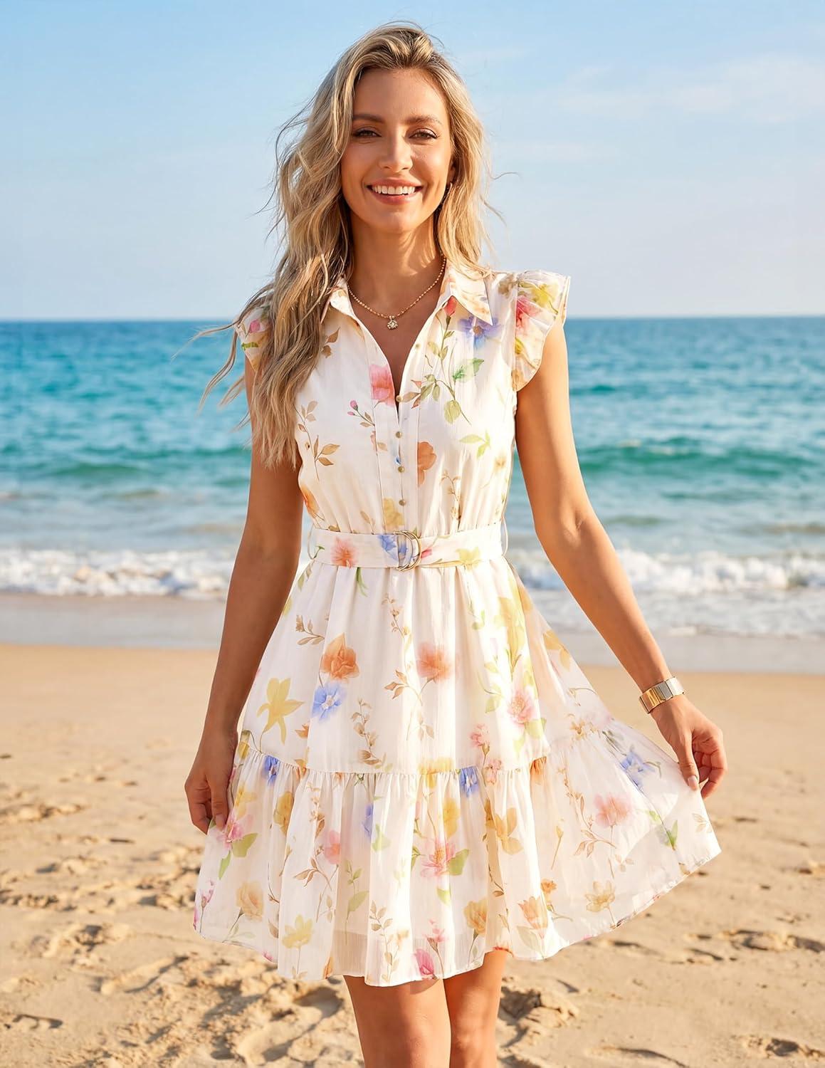 imageZESICA Womens Summer Boho Floral Mini Dress 2026 Flutter Short Sleeve Button Chiffon A Line Beach Vacation Party DressesApricot