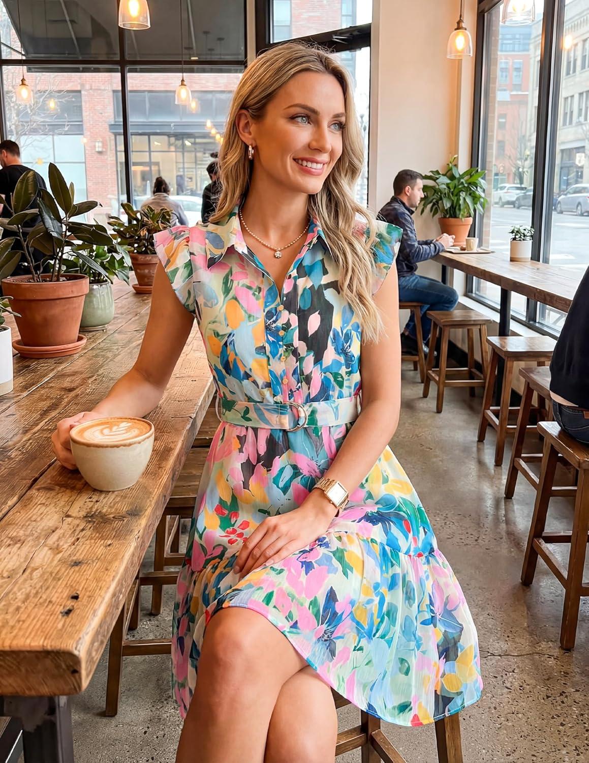 imageZESICA Womens Summer Boho Floral Mini Dress 2026 Flutter Short Sleeve Button Chiffon A Line Beach Vacation Party DressesGreen
