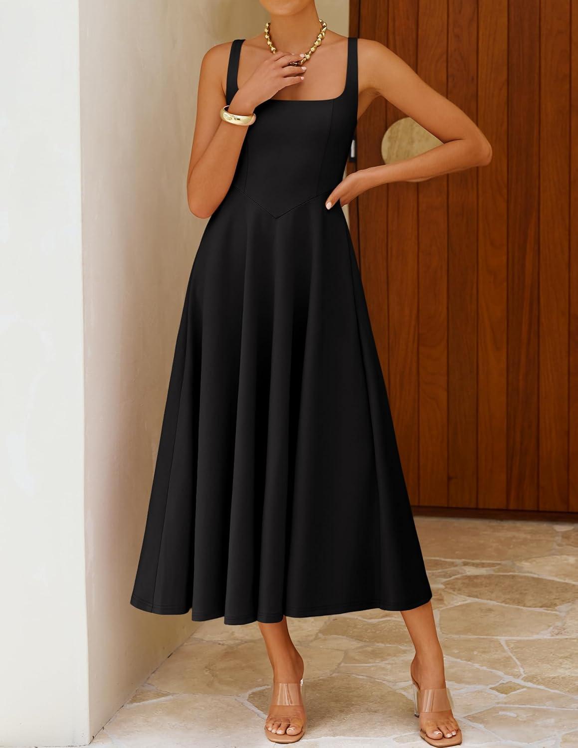 imageZESICA Womens Summer Sleeveless Midi Dress 2026 Square Neck Elegant Flowy Wedding Guest Cocktail Party Long DressesBlack