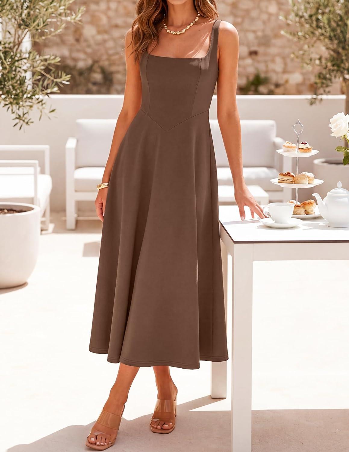 imageZESICA Womens Summer Sleeveless Midi Dress 2026 Square Neck Elegant Flowy Wedding Guest Cocktail Party Long DressesBrown