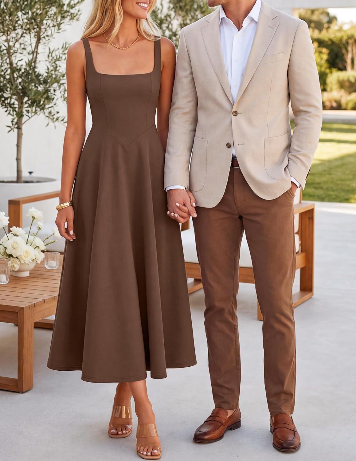 imageZESICA Womens Summer Sleeveless Midi Dress 2026 Square Neck Elegant Flowy Wedding Guest Cocktail Party Long DressesBrown