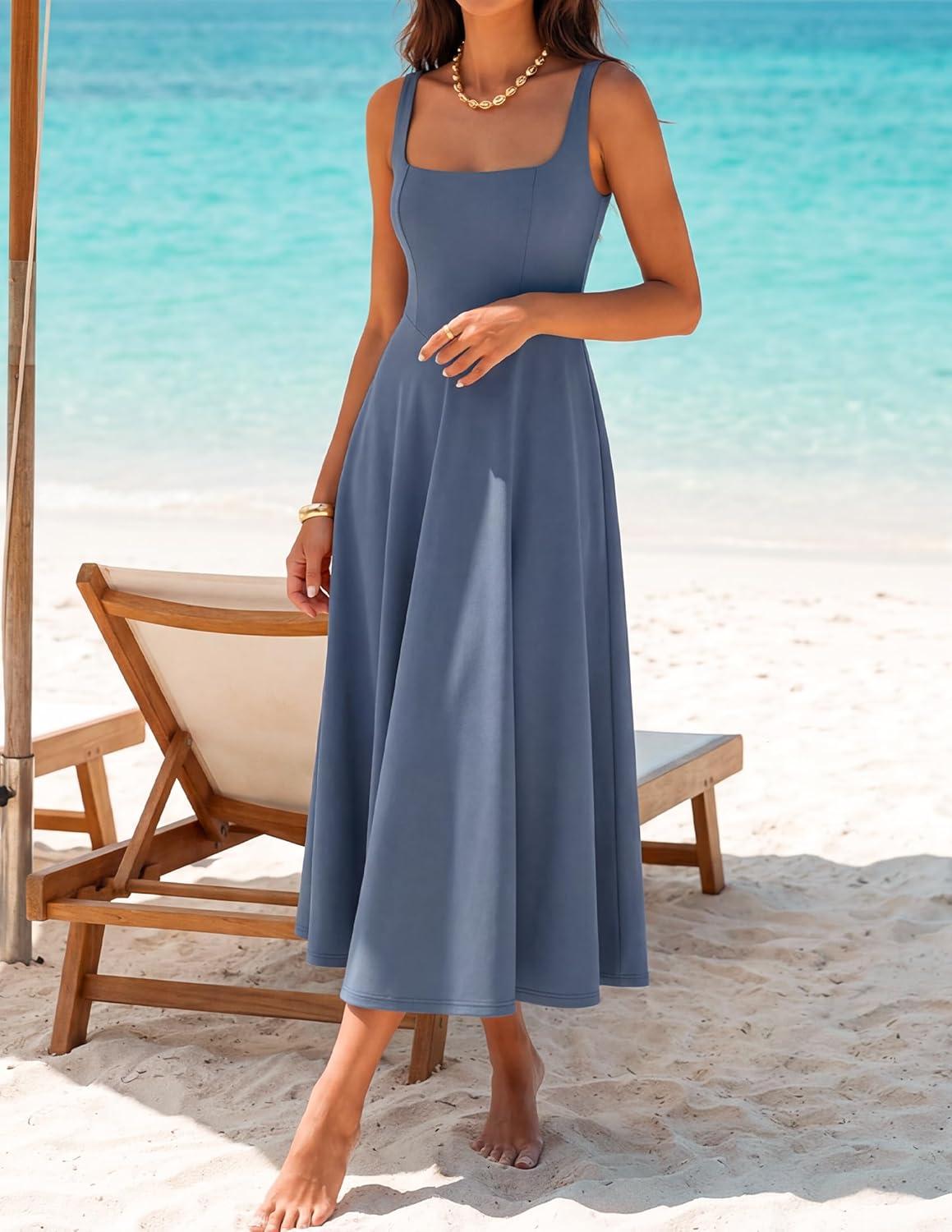 imageZESICA Womens Summer Sleeveless Midi Dress 2026 Square Neck Elegant Flowy Wedding Guest Cocktail Party Long DressesDusty Blue