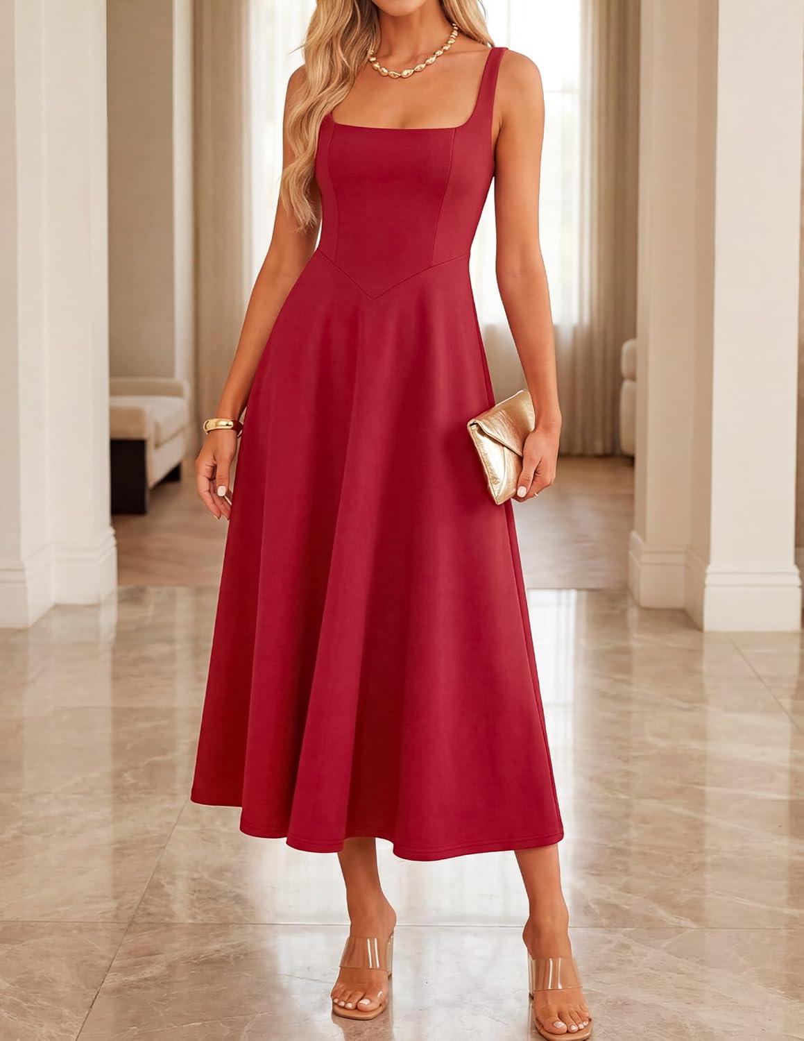 imageZESICA Womens Summer Sleeveless Midi Dress 2026 Square Neck Elegant Flowy Wedding Guest Cocktail Party Long DressesRed