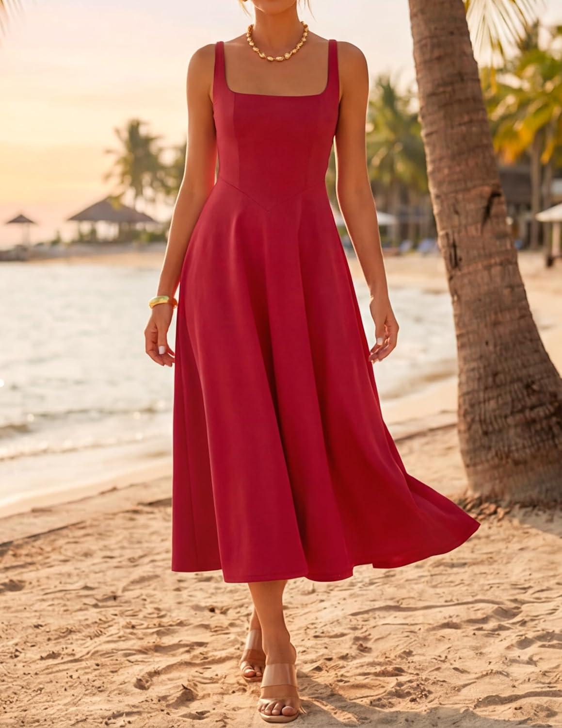 imageZESICA Womens Summer Sleeveless Midi Dress 2026 Square Neck Elegant Flowy Wedding Guest Cocktail Party Long DressesRed