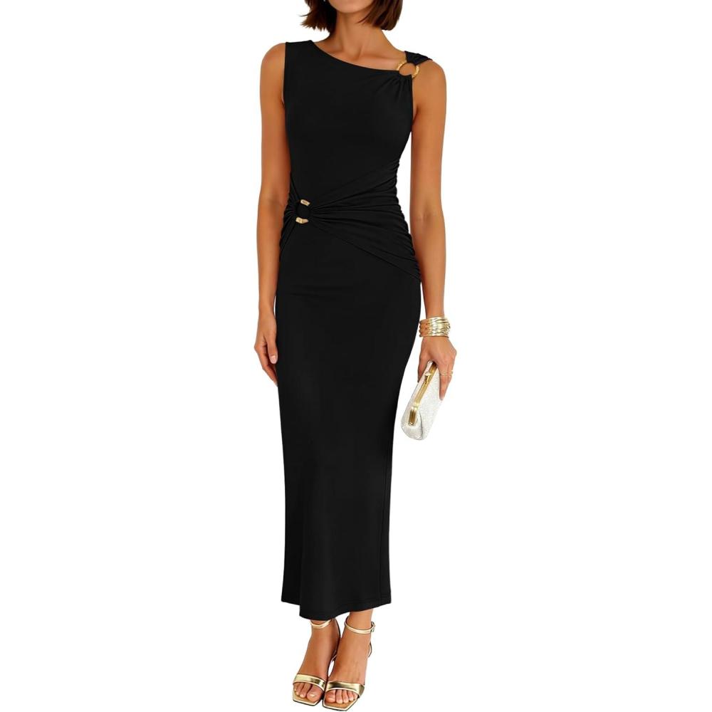 imageZESICA Womens 2026 Summer Maxi Dress Sleeveless Ruched Elegant Wedding Guest Cocktail Formal Bodycon Long DressesBlack