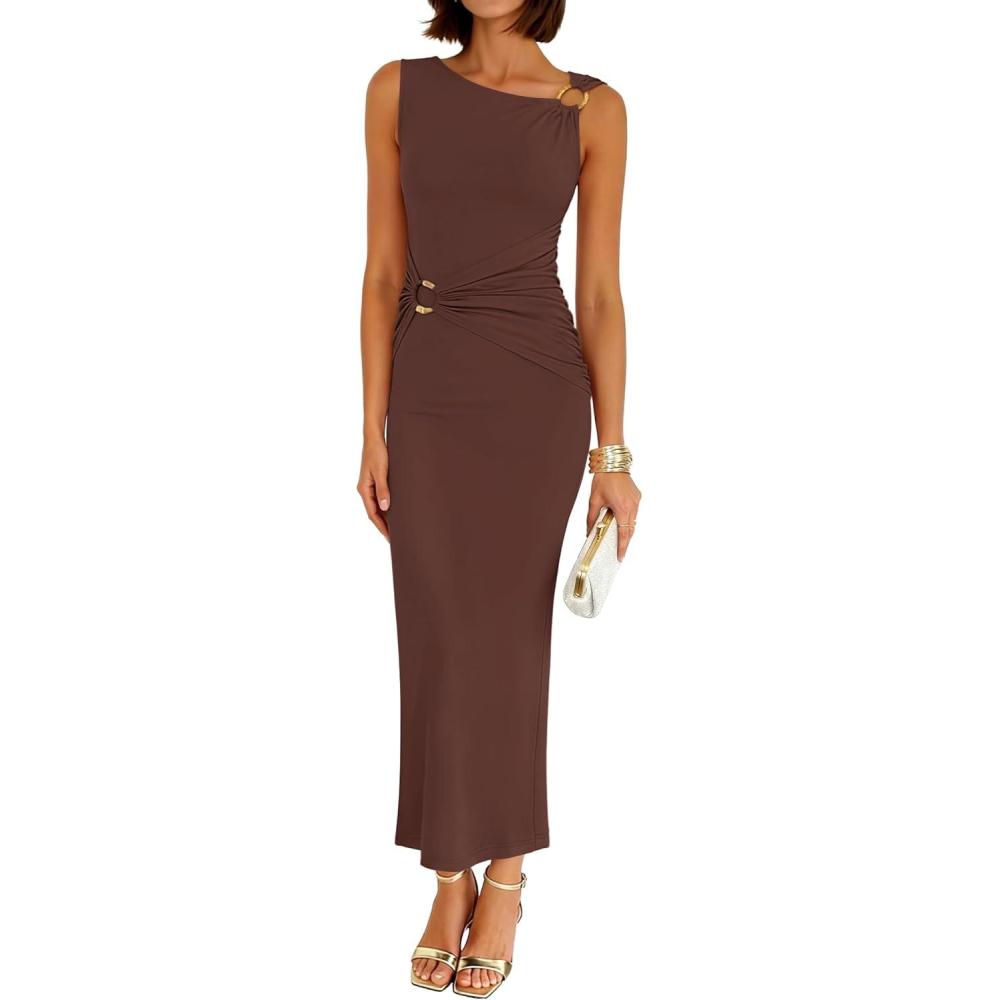 imageZESICA Womens 2026 Summer Maxi Dress Sleeveless Ruched Elegant Wedding Guest Cocktail Formal Bodycon Long DressesBrown
