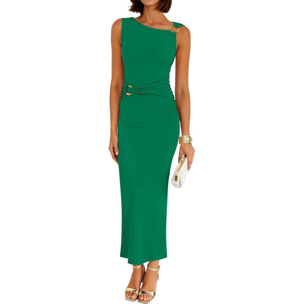 imageZESICA Womens 2026 Summer Maxi Dress Sleeveless Ruched Elegant Wedding Guest Cocktail Formal Bodycon Long DressesGreen