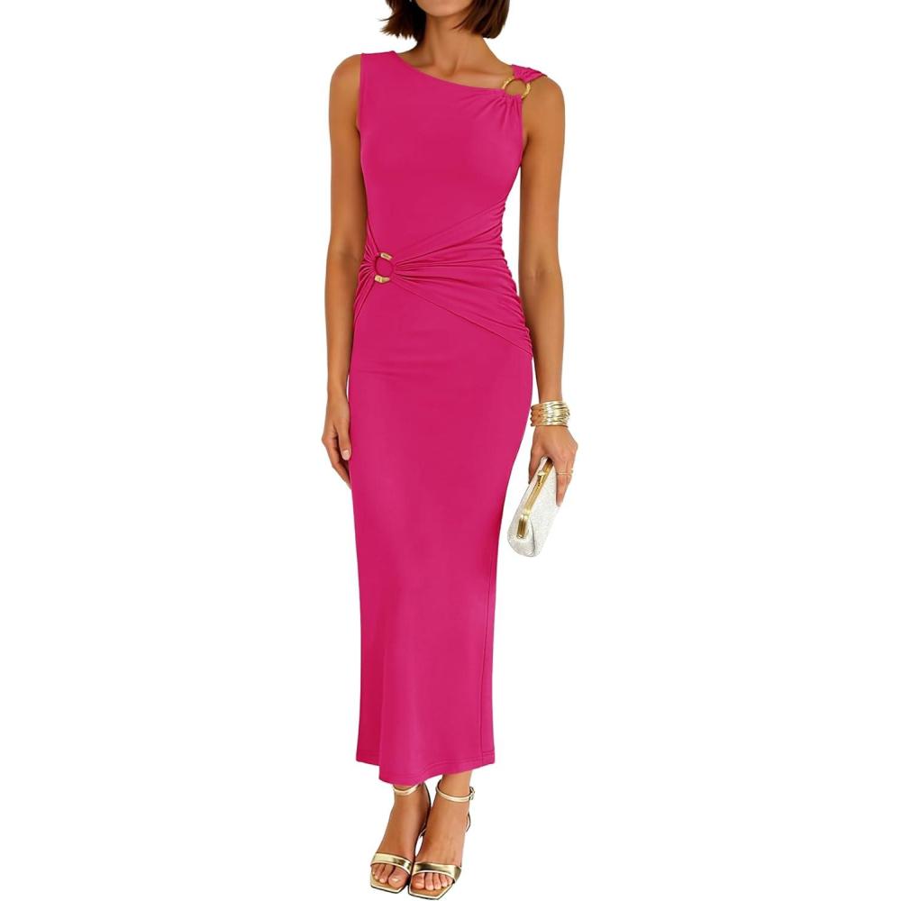 imageZESICA Womens 2026 Summer Maxi Dress Sleeveless Ruched Elegant Wedding Guest Cocktail Formal Bodycon Long DressesRose