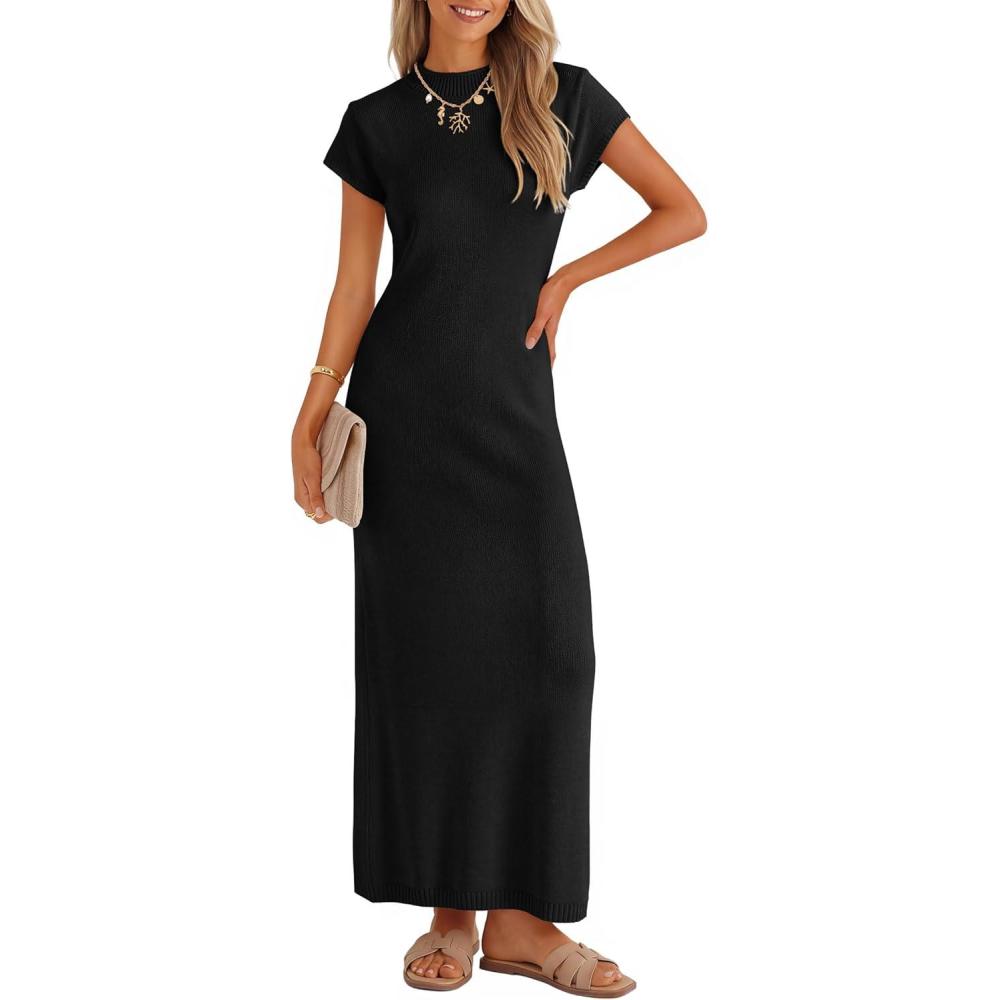 imageZESICA Womens Spring Casual Bodycon Maxi Dress 2026 Summer Business Casual Short Sleeve Crewneck Knit Slit Vacation DressesBlack