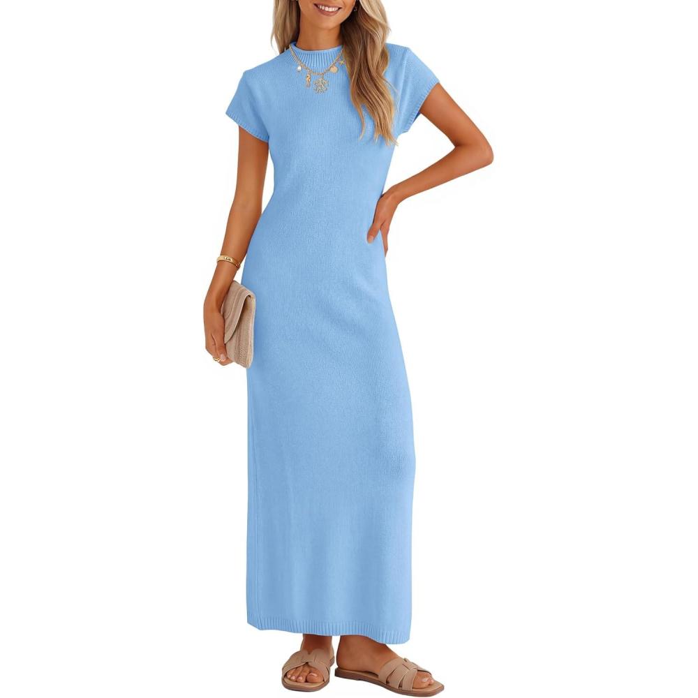 imageZESICA Womens Spring Casual Bodycon Maxi Dress 2026 Summer Business Casual Short Sleeve Crewneck Knit Slit Vacation DressesBlue