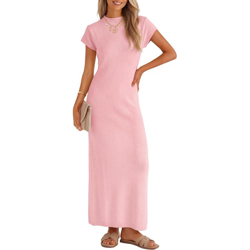 imageZESICA Womens Spring Casual Bodycon Maxi Dress 2026 Summer Business Casual Short Sleeve Crewneck Knit Slit Vacation DressesPink