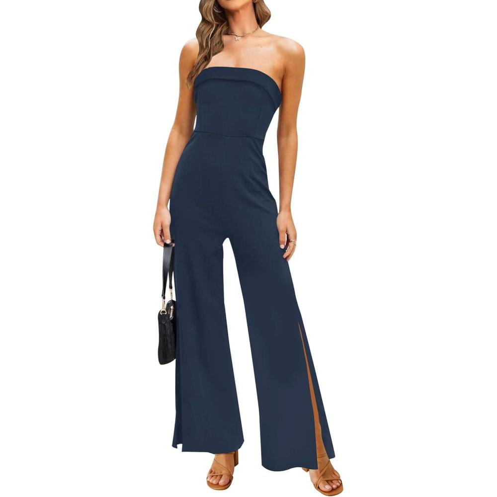imageZESICA Womens Strapless Jumpsuit Casual Off Shoulder High Waist Wide Leg Side Slit Long Romper Playsuits with PocketsNavy