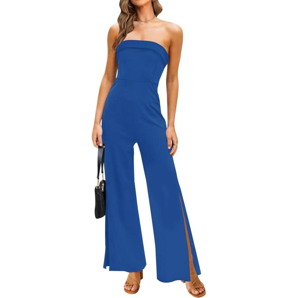 imageZESICA Womens Strapless Jumpsuit Casual Off Shoulder High Waist Wide Leg Side Slit Long Romper Playsuits with PocketsRoyalblue