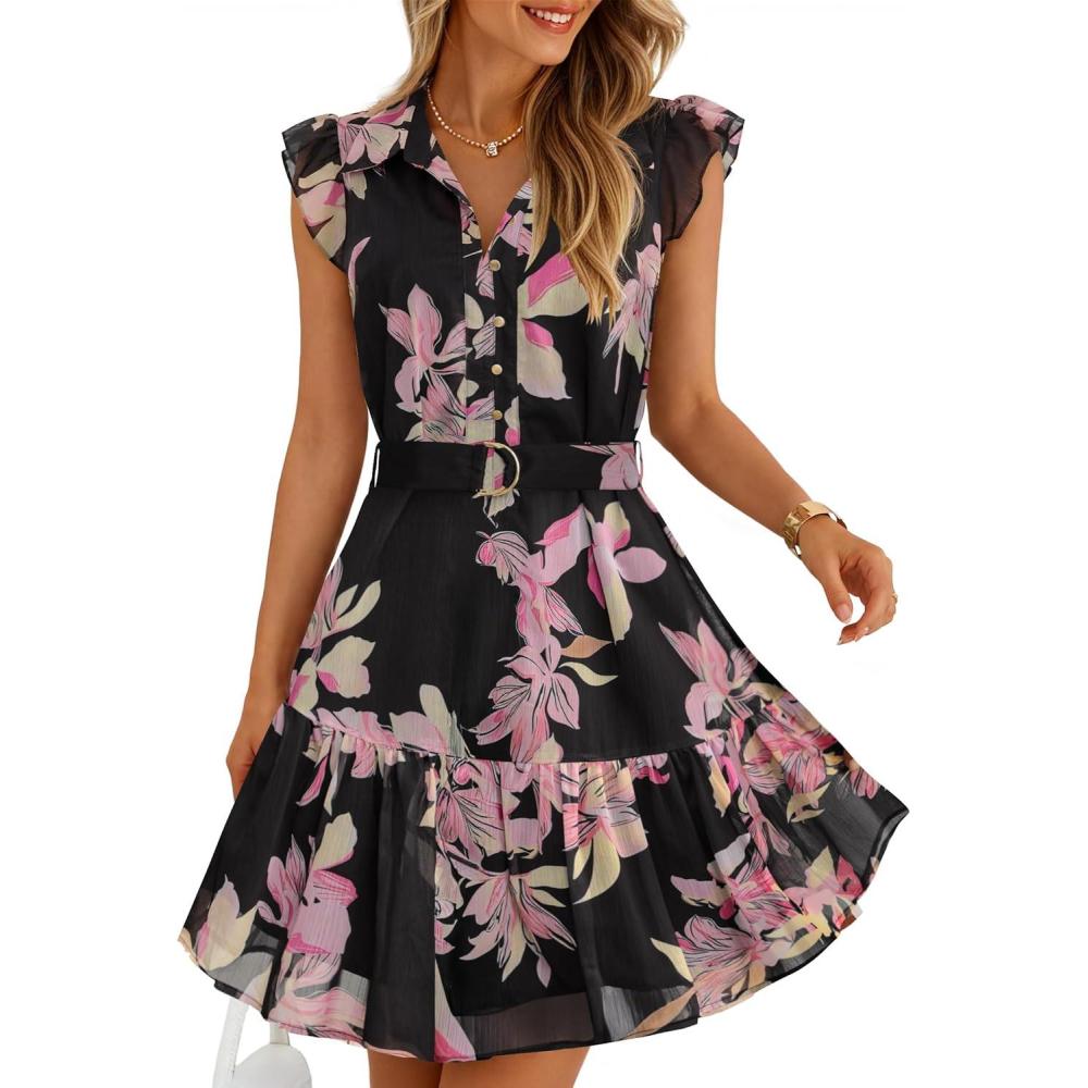 imageZESICA Womens Summer Boho Floral Mini Dress 2026 Flutter Short Sleeve Button Chiffon A Line Beach Vacation Party DressesBlack