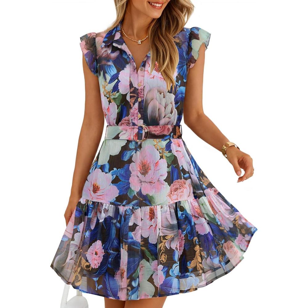 imageZESICA Womens Summer Boho Floral Mini Dress 2026 Flutter Short Sleeve Button Chiffon A Line Beach Vacation Party DressesDarkblue