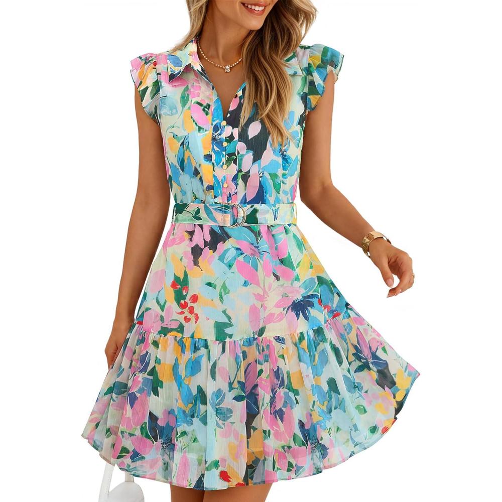 imageZESICA Womens Summer Boho Floral Mini Dress 2026 Flutter Short Sleeve Button Chiffon A Line Beach Vacation Party DressesGreen