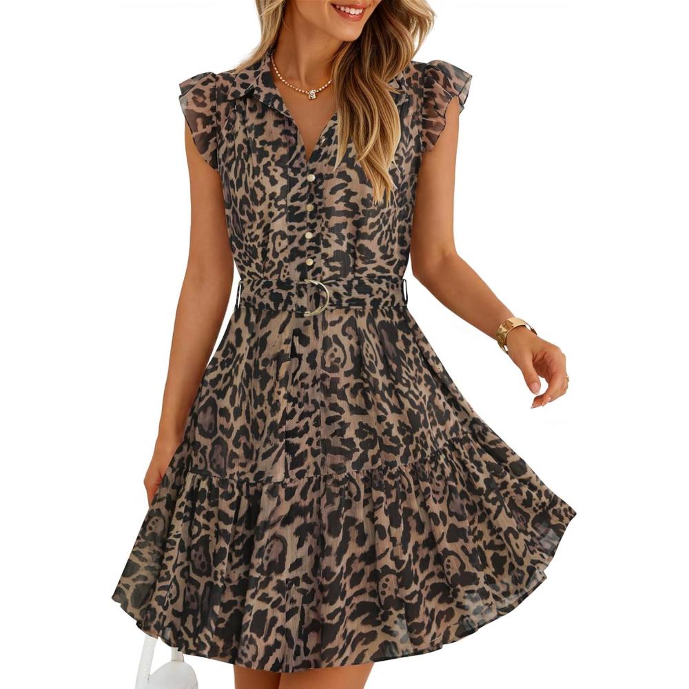 imageZESICA Womens Summer Boho Floral Mini Dress 2026 Flutter Short Sleeve Button Chiffon A Line Beach Vacation Party DressesLeopard