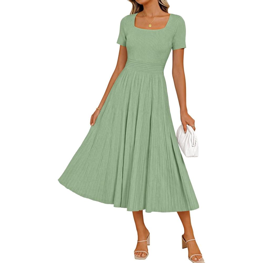 imageZESICA Womens Summer Pleated Midi Dress 2026 Spring Business Casual Short Sleeve ALine Elegant Wedding Guest Party DressesLight Green