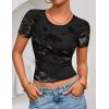 ZESICA Women’s 2026 Summer Short Sleeve Crewneck Mesh Slim Fit Shirts Casual Going Out Floral Crop Tops Trendy Clothes(Black)