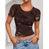 ZESICA Women’s 2026 Summer Short Sleeve Crewneck Mesh Slim Fit Shirts Casual Going Out Floral Crop Tops Trendy Clothes(Coffee)