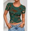 ZESICA Women’s 2026 Summer Short Sleeve Crewneck Mesh Slim Fit Shirts Casual Going Out Floral Crop Tops Trendy Clothes(Darkgreen)