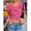 ZESICA Women’s 2026 Summer Short Sleeve Crewneck Mesh Slim Fit Shirts Casual Going Out Floral Crop Tops Trendy Clothes(Rose)