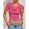 ZESICA Women’s 2026 Summer Short Sleeve Crewneck Mesh Slim Fit Shirts Casual Going Out Floral Crop Tops Trendy Clothes(Rose)