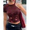 ZESICA Women’s 2026 Summer Short Sleeve Crewneck Mesh Slim Fit Shirts Casual Going Out Floral Crop Tops Trendy Clothes(Wine)