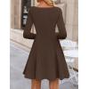 ZESICA Womens Long Sleeve Mini Dress 2026 Fall Crewneck Pleated Babydoll A Line Flowy Wedding Party Short Dresses(Brown)