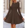 ZESICA Womens Long Sleeve Mini Dress 2026 Fall Crewneck Pleated Babydoll A Line Flowy Wedding Party Short Dresses(Brown)