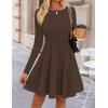 ZESICA Womens Long Sleeve Mini Dress 2026 Fall Crewneck Pleated Babydoll A Line Flowy Wedding Party Short Dresses(Brown)
