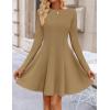 ZESICA Womens Long Sleeve Mini Dress 2026 Fall Crewneck Pleated Babydoll A Line Flowy Wedding Party Short Dresses(Khaki)