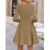 ZESICA Womens Long Sleeve Mini Dress 2026 Fall Crewneck Pleated Babydoll A Line Flowy Wedding Party Short Dresses(Khaki)