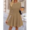 ZESICA Womens Long Sleeve Mini Dress 2026 Fall Crewneck Pleated Babydoll A Line Flowy Wedding Party Short Dresses(Khaki)