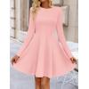ZESICA Womens Long Sleeve Mini Dress 2026 Fall Crewneck Pleated Babydoll A Line Flowy Wedding Party Short Dresses(Pink)