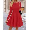 ZESICA Womens Long Sleeve Mini Dress 2026 Fall Crewneck Pleated Babydoll A Line Flowy Wedding Party Short Dresses(Red)